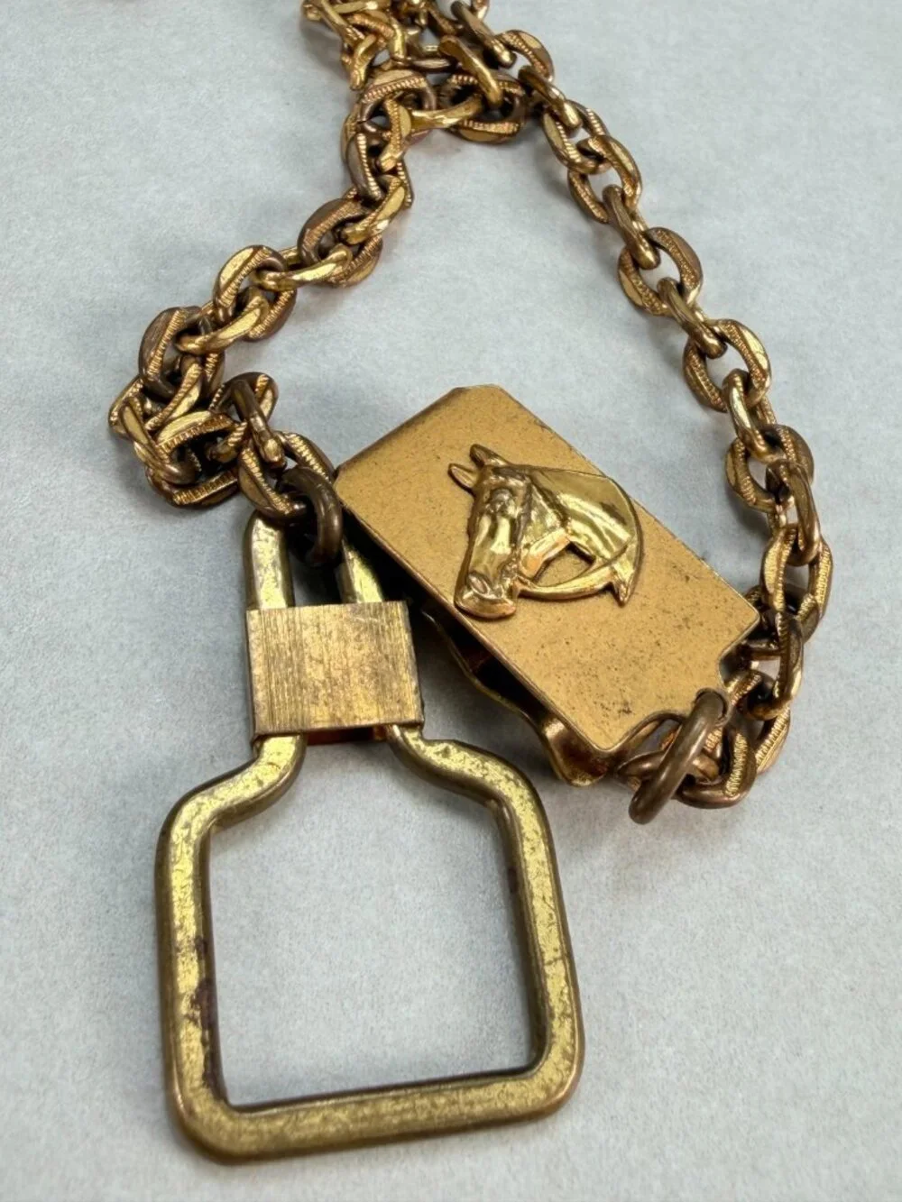 Vintage Rare Horse Head Folding Watch Fob Pocket Watch Chain GoldTone Equestrian